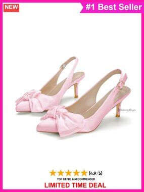 Women's Kitten Heel Slingback Pumps Pointed Toe Satin Bow 2 Inch
